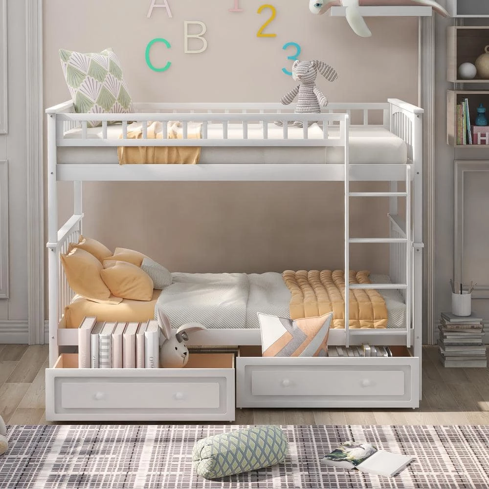 White Wood Twin Over Twin Bunk Beds with 2 Drawers, Detachable 2 Kids Bunk Bed Frame with Ladder and Safety Rail by ANBAZAR 2 White Wood Twin Over Twin Bunk Beds with 2 Drawers, Detachable 2 Kids Bunk Bed Frame with Ladder and Safety Rail by ANBAZAR - Image 2