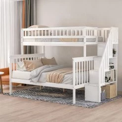White Twin Over Full Bunk Bed with Stairs, Stairway Kids Bunk Bed Frame witrh Shelving, Solid Wood Bunk Bed with Drawers by ANBAZAR -ANBAZAR Sales white anbazar bunk beds 01092anna k 31 1000