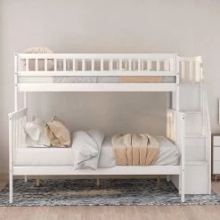 White Twin Over Full Bunk Bed with Stairs, Stairway Kids Bunk Bed Frame witrh Shelving, Solid Wood Bunk Bed with Drawers by ANBAZAR -ANBAZAR Sales white anbazar bunk beds 01092anna k 4f 1000