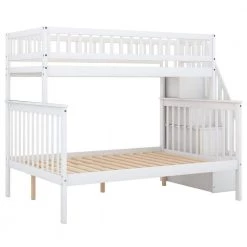 White Twin Over Full Bunk Bed with Stairs, Stairway Kids Bunk Bed Frame witrh Shelving, Solid Wood Bunk Bed with Drawers by ANBAZAR