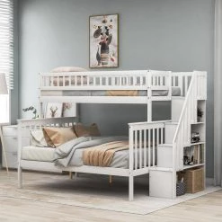 White Twin Over Full Bunk Bed with Stairs, Stairway Kids Bunk Bed Frame witrh Shelving, Solid Wood Bunk Bed with Drawers by ANBAZAR -ANBAZAR Sales white anbazar bunk beds 01092anna k c3 1000