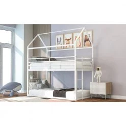 White Twin over Twin Metal Bunk Bed With Ladder and House Roof, Low Floor Kids House Bunk Bed Frame with Safe Guardrail by ANBAZAR -ANBAZAR Sales white anbazar bunk beds 01374anna k 31 1000