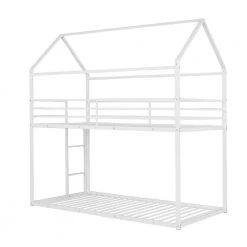 White Twin over Twin Metal Bunk Bed With Ladder and House Roof, Low Floor Kids House Bunk Bed Frame with Safe Guardrail by ANBAZAR -ANBAZAR Sales white anbazar bunk beds 01374anna k 44 1000
