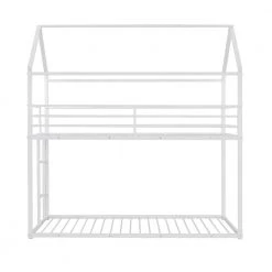 White Twin over Twin Metal Bunk Bed With Ladder and House Roof, Low Floor Kids House Bunk Bed Frame with Safe Guardrail by ANBAZAR