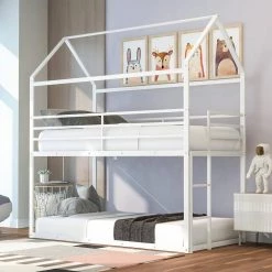White Twin over Twin Metal Bunk Bed With Ladder and House Roof, Low Floor Kids House Bunk Bed Frame with Safe Guardrail by ANBAZAR -ANBAZAR Sales white anbazar bunk beds 01374anna k c3 1000