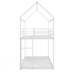 White Twin over Twin Metal Bunk Bed With Ladder and House Roof, Low Floor Kids House Bunk Bed Frame with Safe Guardrail by ANBAZAR -ANBAZAR Sales white anbazar bunk beds 01374anna k fa 1000
