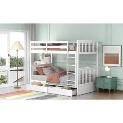 White Twin Over Twin Wood Bunk Bed with Two Storage Drawers, Solid Wood Kids Bunk Bed Frame with Ladder and Safety Rail by ANBAZAR -ANBAZAR Sales white anbazar bunk beds 01396anna k 31 1000