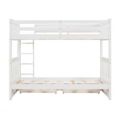 White Twin Over Twin Wood Bunk Bed with Two Storage Drawers, Solid Wood Kids Bunk Bed Frame with Ladder and Safety Rail by ANBAZAR -ANBAZAR Sales white anbazar bunk beds 01396anna k 44 1000