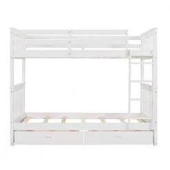White Twin Over Twin Wood Bunk Bed with Two Storage Drawers, Solid Wood Kids Bunk Bed Frame with Ladder and Safety Rail by ANBAZAR -ANBAZAR Sales white anbazar bunk beds 01396anna k 4f 1000