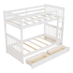 White Twin Over Twin Wood Bunk Bed with Two Storage Drawers, Solid Wood Kids Bunk Bed Frame with Ladder and Safety Rail by ANBAZAR