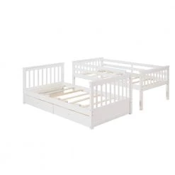 White Twin Over Twin Wood Bunk Bed with Two Storage Drawers, Solid Wood Kids Bunk Bed Frame with Ladder and Safety Rail by ANBAZAR -ANBAZAR Sales white anbazar bunk beds 01396anna k 76 1000