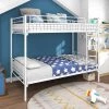White Twin Over Twin Bunk Bed with Metal Frame and Ladder, Kids Twin Size Bunk Bed Frame with Full-length Saferail by ANBAZAR