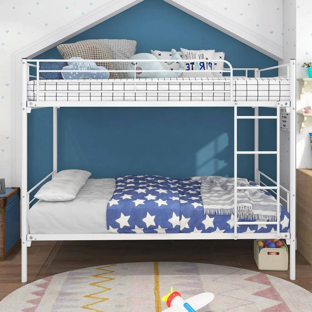 White Twin Over Twin Bunk Bed with Metal Frame and Ladder, Kids Twin Size Bunk Bed Frame with Full-length Saferail by ANBAZAR 2 White Twin Over Twin Bunk Bed with Metal Frame and Ladder, Kids Twin Size Bunk Bed Frame with Full-length Saferail by ANBAZAR - Image 2