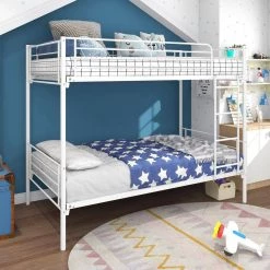 White Twin Over Twin Heavy Duty Metal Bunk Bed with 4-Step Ladder, Kids Metal Bunk Bed Frame with Solid Slats by ANBAZAR -ANBAZAR Sales white anbazar bunk beds 01413anna w 31 1000