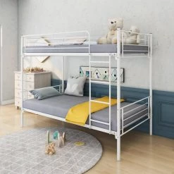 White Twin Over Twin Heavy Duty Metal Bunk Bed with 4-Step Ladder, Kids Metal Bunk Bed Frame with Solid Slats by ANBAZAR -ANBAZAR Sales white anbazar bunk beds 01413anna w 44 1000