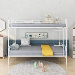 White Twin Over Twin Heavy Duty Metal Bunk Bed with 4-Step Ladder, Kids Metal Bunk Bed Frame with Solid Slats by ANBAZAR