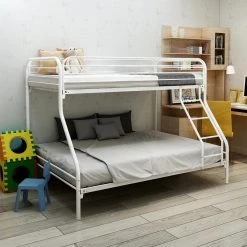 White Twin Over Full Heavy Duty Metal Bunk Bed with 4-Step Ladder, Kids Metal Bunk Bed Frame with Solid Slats by ANBAZAR