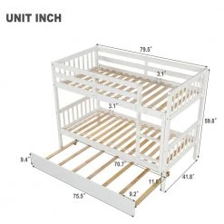 White Solid Wood Twin Bunk Bed with Trundle, Convertible Kids Bunk Bed with Built-in Ladders and Safety Rail by ANBAZAR -ANBAZAR Sales white anbazar bunk beds 01564anna w 1f 1000