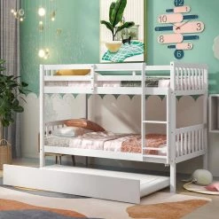White Solid Wood Twin Bunk Bed with Trundle, Convertible Kids Bunk Bed with Built-in Ladders and Safety Rail by ANBAZAR -ANBAZAR Sales white anbazar bunk beds 01564anna w 31 1000