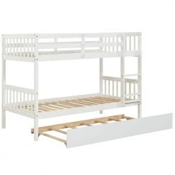 White Solid Wood Twin Bunk Bed with Trundle, Convertible Kids Bunk Bed with Built-in Ladders and Safety Rail by ANBAZAR -ANBAZAR Sales white anbazar bunk beds 01564anna w 44 1000