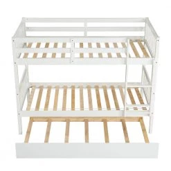 White Solid Wood Twin Bunk Bed with Trundle, Convertible Kids Bunk Bed with Built-in Ladders and Safety Rail by ANBAZAR -ANBAZAR Sales white anbazar bunk beds 01564anna w 4f 1000