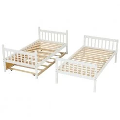 White Solid Wood Twin Bunk Bed with Trundle, Convertible Kids Bunk Bed with Built-in Ladders and Safety Rail by ANBAZAR -ANBAZAR Sales white anbazar bunk beds 01564anna w 76 1000
