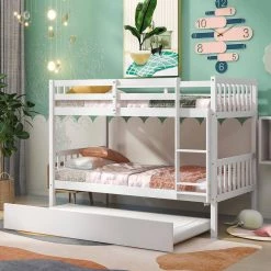 White Solid Wood Twin Bunk Bed with Trundle, Convertible Kids Bunk Bed with Built-in Ladders and Safety Rail by ANBAZAR -ANBAZAR Sales white anbazar bunk beds 01564anna w c3 1000
