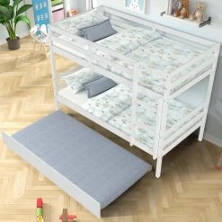 White Twin Wood Kids Bunk Bed with Trundle, Detachable Twin Wood Bunk Bed Frame with Safety Rail and Ladder by ANBAZAR -ANBAZAR Sales white anbazar bunk beds 01570anna w 31 1000