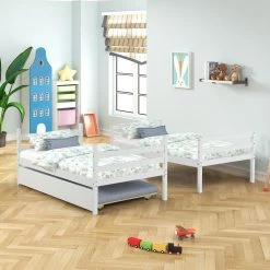 White Twin Wood Kids Bunk Bed with Trundle, Detachable Twin Wood Bunk Bed Frame with Safety Rail and Ladder by ANBAZAR