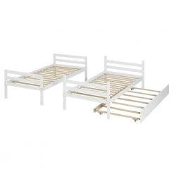 White Twin Wood Kids Bunk Bed with Trundle, Detachable Twin Wood Bunk Bed Frame with Safety Rail and Ladder by ANBAZAR -ANBAZAR Sales white anbazar bunk beds 01570anna w 76 1000