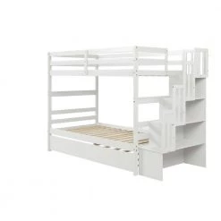 White Twin Over Twin Kids Bunk Bed with Trundle, Staircase and Guardrail, Detachable Wood Stairway Bunk Bed with Shelves by ANBAZAR -ANBAZAR Sales white anbazar bunk beds 01578anna w 44 1000