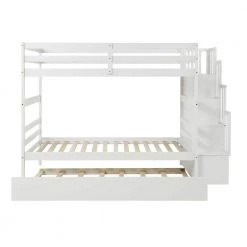 White Twin Over Twin Kids Bunk Bed with Trundle, Staircase and Guardrail, Detachable Wood Stairway Bunk Bed with Shelves by ANBAZAR -ANBAZAR Sales white anbazar bunk beds 01578anna w 4f 1000
