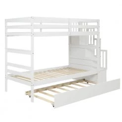 White Twin Over Twin Kids Bunk Bed with Trundle, Staircase and Guardrail, Detachable Wood Stairway Bunk Bed with Shelves by ANBAZAR -ANBAZAR Sales white anbazar bunk beds 01578anna w 76 1000