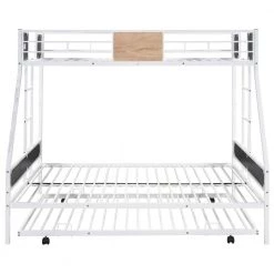 White Twin Over Full 2 Kids Bunk Beds with Trundle, Metal Bunk Bed Frame with Safety Rail and 2 Ladders for Bedroom by ANBAZAR