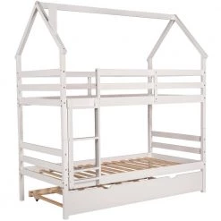 White Twin Over Twin Detachable House Shape Bunk Bed with Trundle, Twin Kids Wood Bunk Bed Frame with Chimney Design by ANBAZAR -ANBAZAR Sales white anbazar bunk beds 01686anna k 44 1000