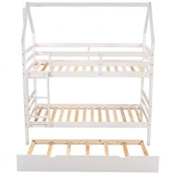 White Twin Over Twin Detachable House Shape Bunk Bed with Trundle, Twin Kids Wood Bunk Bed Frame with Chimney Design by ANBAZAR -ANBAZAR Sales white anbazar bunk beds 01686anna k 4f 1000