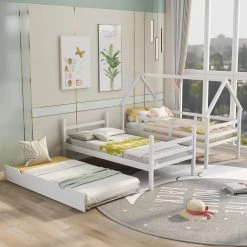 White Twin Over Twin Detachable House Shape Bunk Bed with Trundle, Twin Kids Wood Bunk Bed Frame with Chimney Design by ANBAZAR