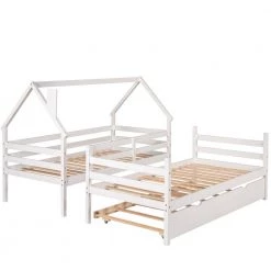White Twin Over Twin Detachable House Shape Bunk Bed with Trundle, Twin Kids Wood Bunk Bed Frame with Chimney Design by ANBAZAR -ANBAZAR Sales white anbazar bunk beds 01686anna k 76 1000