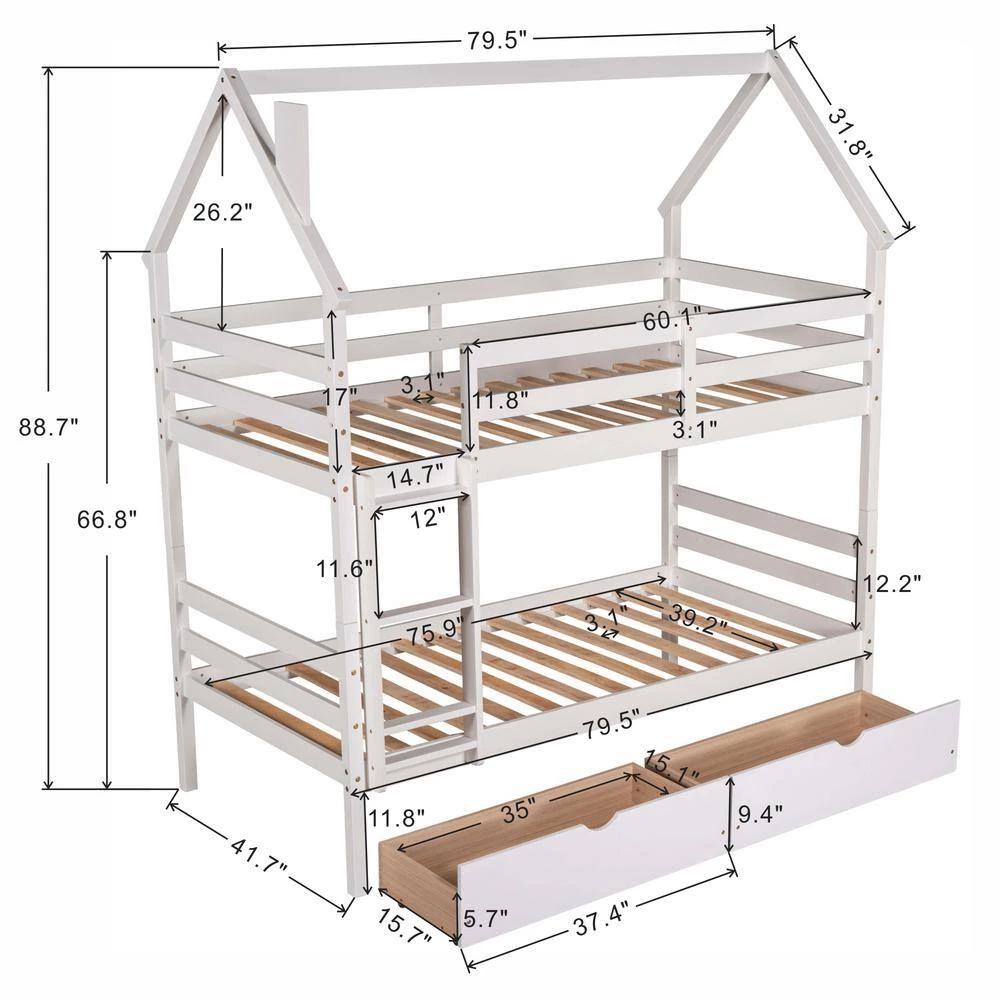 White Twin Detachable House Bunk Bed with 2 Drawers and Safety Ladder, Wooden 2 Kids Bunk Bed Frame with Roof by ANBAZAR 5 White Twin Detachable House Bunk Bed with 2 Drawers and Safety Ladder, Wooden 2 Kids Bunk Bed Frame with Roof by ANBAZAR - Image 5