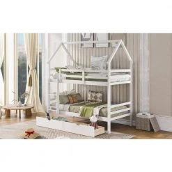 White Twin Detachable House Bunk Bed with 2 Drawers and Safety Ladder, Wooden 2 Kids Bunk Bed Frame with Roof by ANBAZAR 17 White Twin Detachable House Bunk Bed with 2 Drawers and Safety Ladder, Wooden 2 Kids Bunk Bed Frame with Roof by ANBAZAR -ANBAZAR Sales white anbazar bunk beds 01688anna k 31 1000