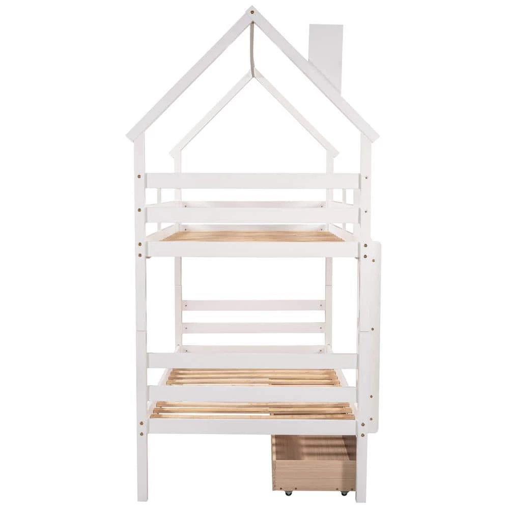 White Twin Detachable House Bunk Bed with 2 Drawers and Safety Ladder, Wooden 2 Kids Bunk Bed Frame with Roof by ANBAZAR 6 White Twin Detachable House Bunk Bed with 2 Drawers and Safety Ladder, Wooden 2 Kids Bunk Bed Frame with Roof by ANBAZAR - Image 6