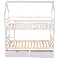 White Twin Detachable House Bunk Bed with 2 Drawers and Safety Ladder, Wooden 2 Kids Bunk Bed Frame with Roof by ANBAZAR 12 White Twin Detachable House Bunk Bed with 2 Drawers and Safety Ladder, Wooden 2 Kids Bunk Bed Frame with Roof by ANBAZAR -ANBAZAR Sales white anbazar bunk beds 01688anna k 4f 1000