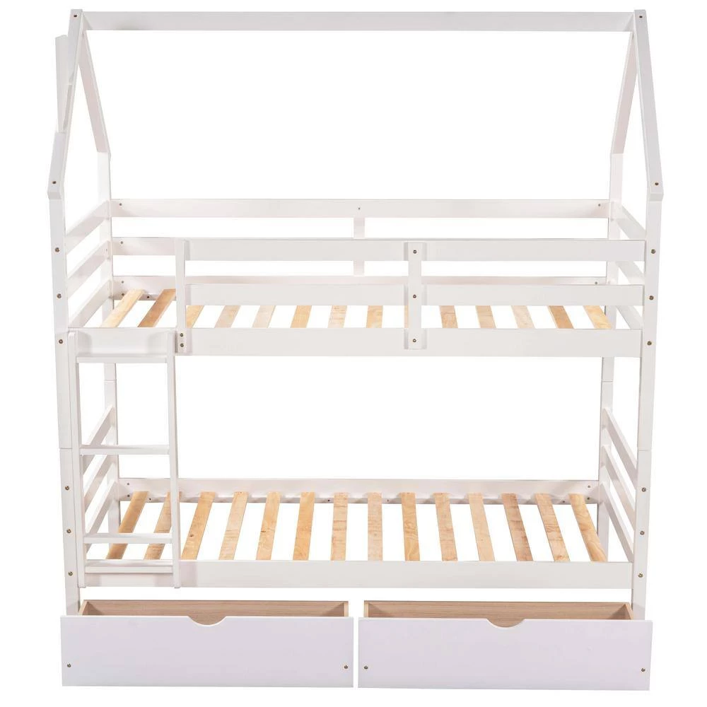 White Twin Detachable House Bunk Bed with 2 Drawers and Safety Ladder, Wooden 2 Kids Bunk Bed Frame with Roof by ANBAZAR 4 White Twin Detachable House Bunk Bed with 2 Drawers and Safety Ladder, Wooden 2 Kids Bunk Bed Frame with Roof by ANBAZAR - Image 4