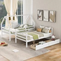 White Twin Detachable House Bunk Bed with 2 Drawers and Safety Ladder, Wooden 2 Kids Bunk Bed Frame with Roof by ANBAZAR