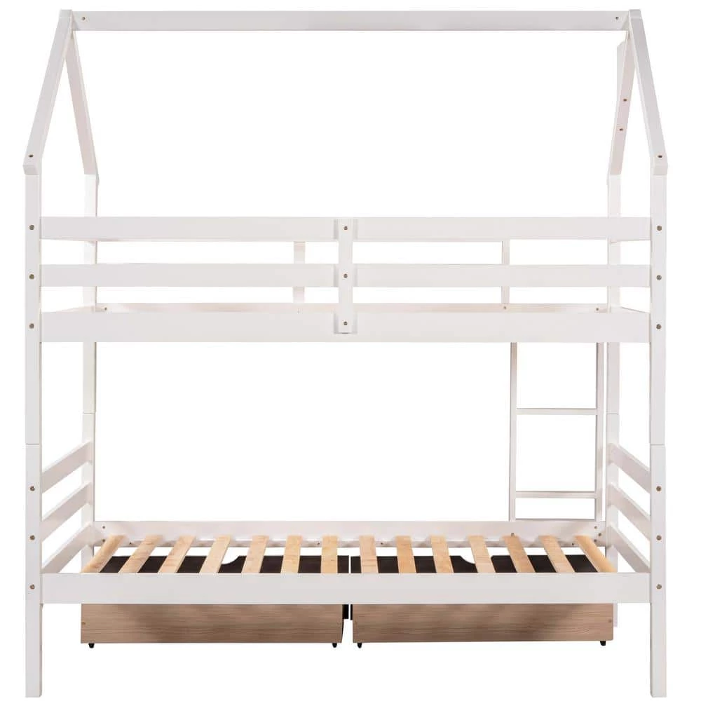 White Twin Detachable House Bunk Bed with 2 Drawers and Safety Ladder, Wooden 2 Kids Bunk Bed Frame with Roof by ANBAZAR 8 White Twin Detachable House Bunk Bed with 2 Drawers and Safety Ladder, Wooden 2 Kids Bunk Bed Frame with Roof by ANBAZAR - Image 8