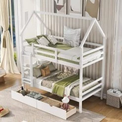 White Twin Detachable House Bunk Bed with 2 Drawers and Safety Ladder, Wooden 2 Kids Bunk Bed Frame with Roof by ANBAZAR 11 White Twin Detachable House Bunk Bed with 2 Drawers and Safety Ladder, Wooden 2 Kids Bunk Bed Frame with Roof by ANBAZAR -ANBAZAR Sales white anbazar bunk beds 01688anna k c3 1000