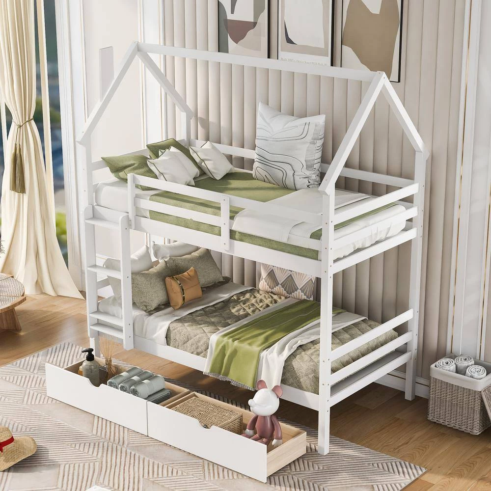 White Twin Detachable House Bunk Bed with 2 Drawers and Safety Ladder, Wooden 2 Kids Bunk Bed Frame with Roof by ANBAZAR 3 White Twin Detachable House Bunk Bed with 2 Drawers and Safety Ladder, Wooden 2 Kids Bunk Bed Frame with Roof by ANBAZAR - Image 3