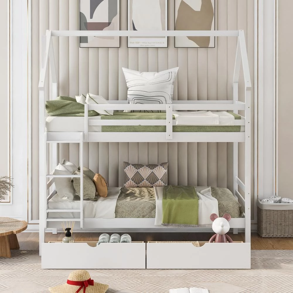 White Twin Detachable House Bunk Bed with 2 Drawers and Safety Ladder, Wooden 2 Kids Bunk Bed Frame with Roof by ANBAZAR 2 White Twin Detachable House Bunk Bed with 2 Drawers and Safety Ladder, Wooden 2 Kids Bunk Bed Frame with Roof by ANBAZAR - Image 2