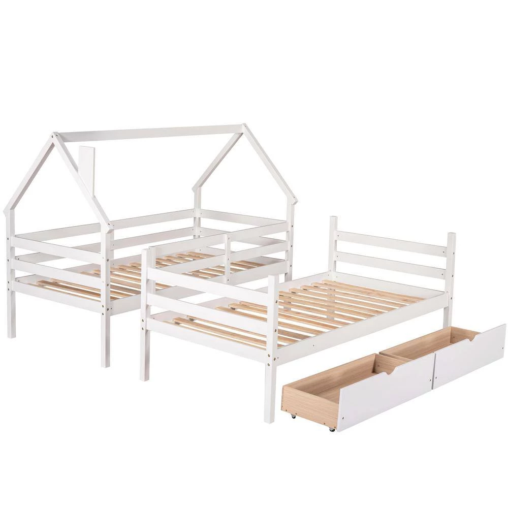 White Twin Detachable House Bunk Bed with 2 Drawers and Safety Ladder, Wooden 2 Kids Bunk Bed Frame with Roof by ANBAZAR 7 White Twin Detachable House Bunk Bed with 2 Drawers and Safety Ladder, Wooden 2 Kids Bunk Bed Frame with Roof by ANBAZAR - Image 7