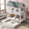 White Twin Size Wood House Bunk Bed with Trundle and Guardrail, Low Floor Wood Kids Bunk Bed Frame with Roof and Windows by ANBAZAR